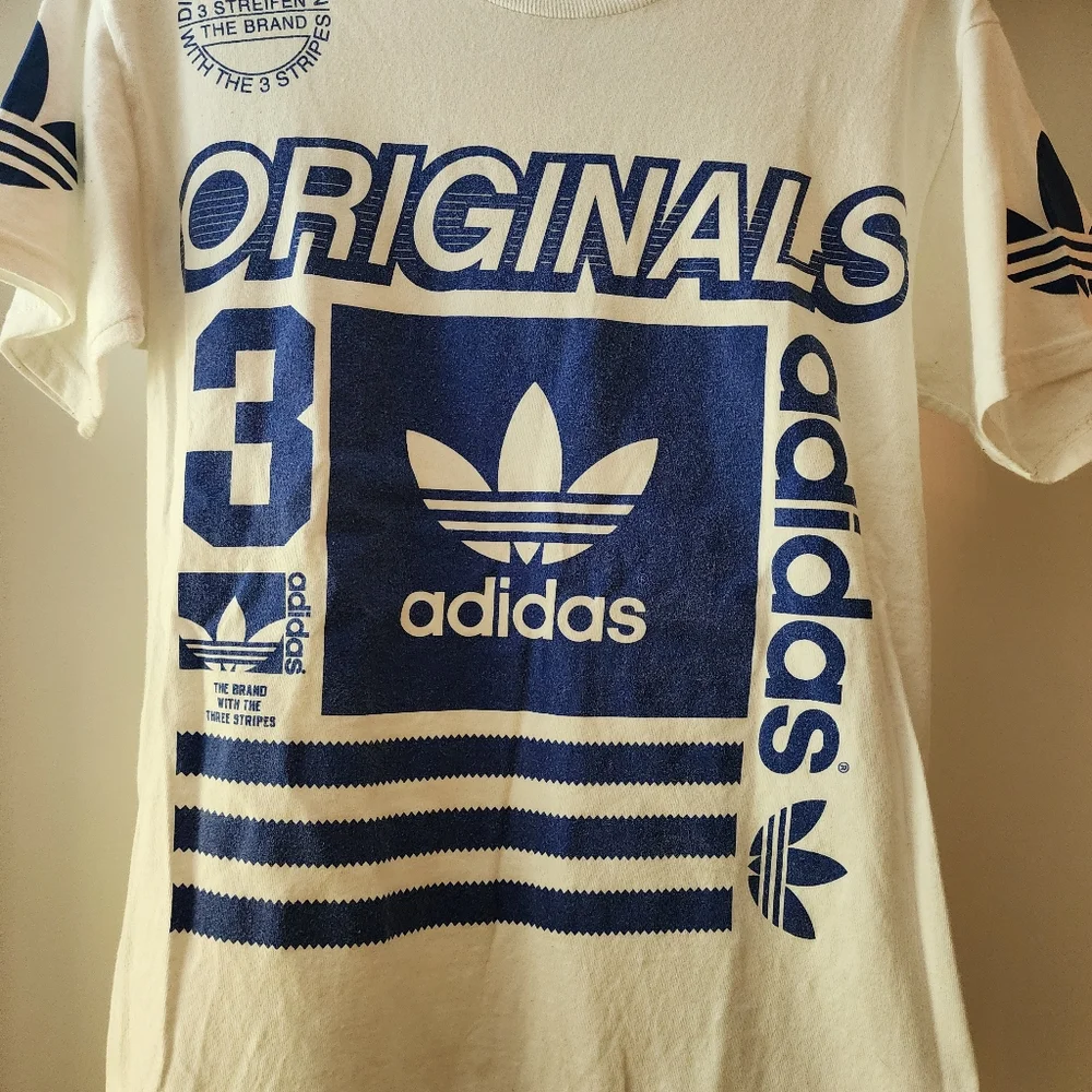 Adidas Small T Shirt Vintage 70s Blue‎ White A10